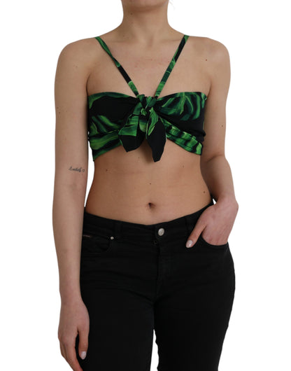 Black Green Leaf Silk Halter Cropped Top-Dolce & Gabbana-LabelTerrace.com