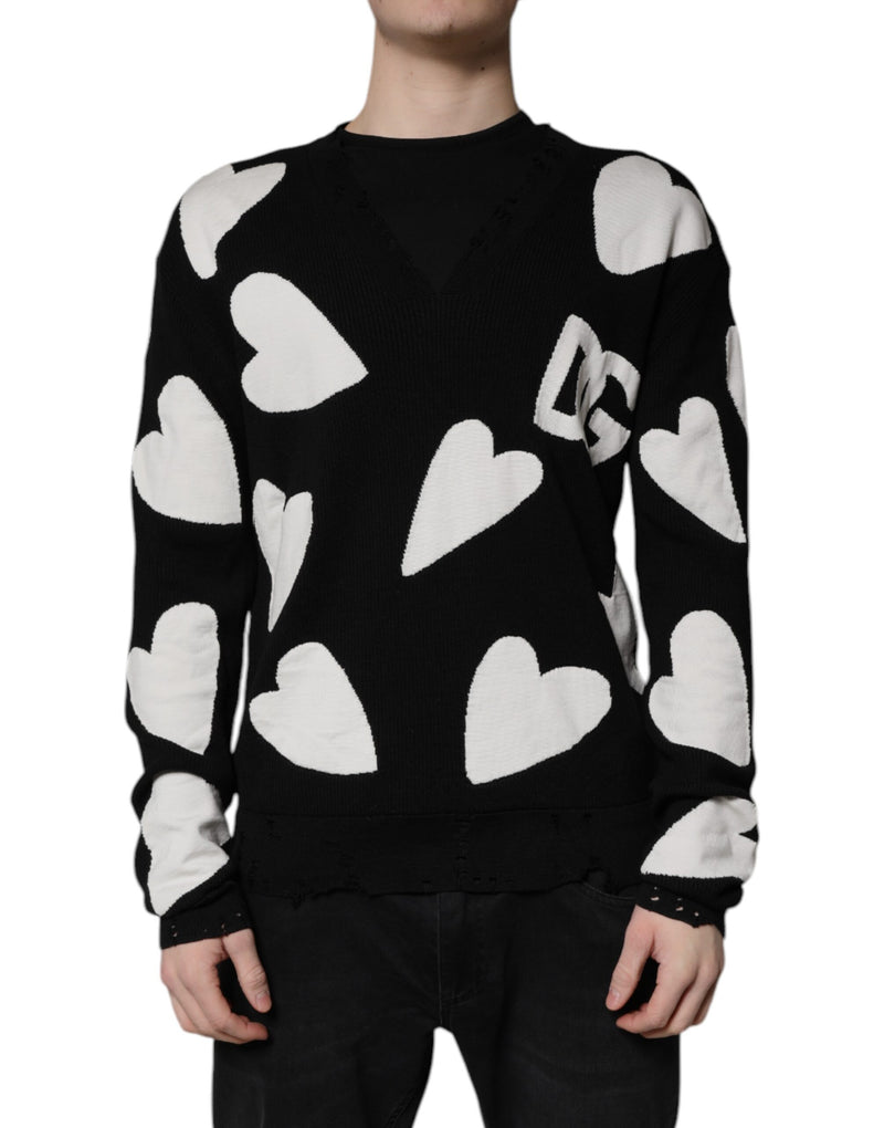 Black Hearts Silk Crew Neck Pullover Sweater-Dolce & Gabbana-LabelTerrace.com