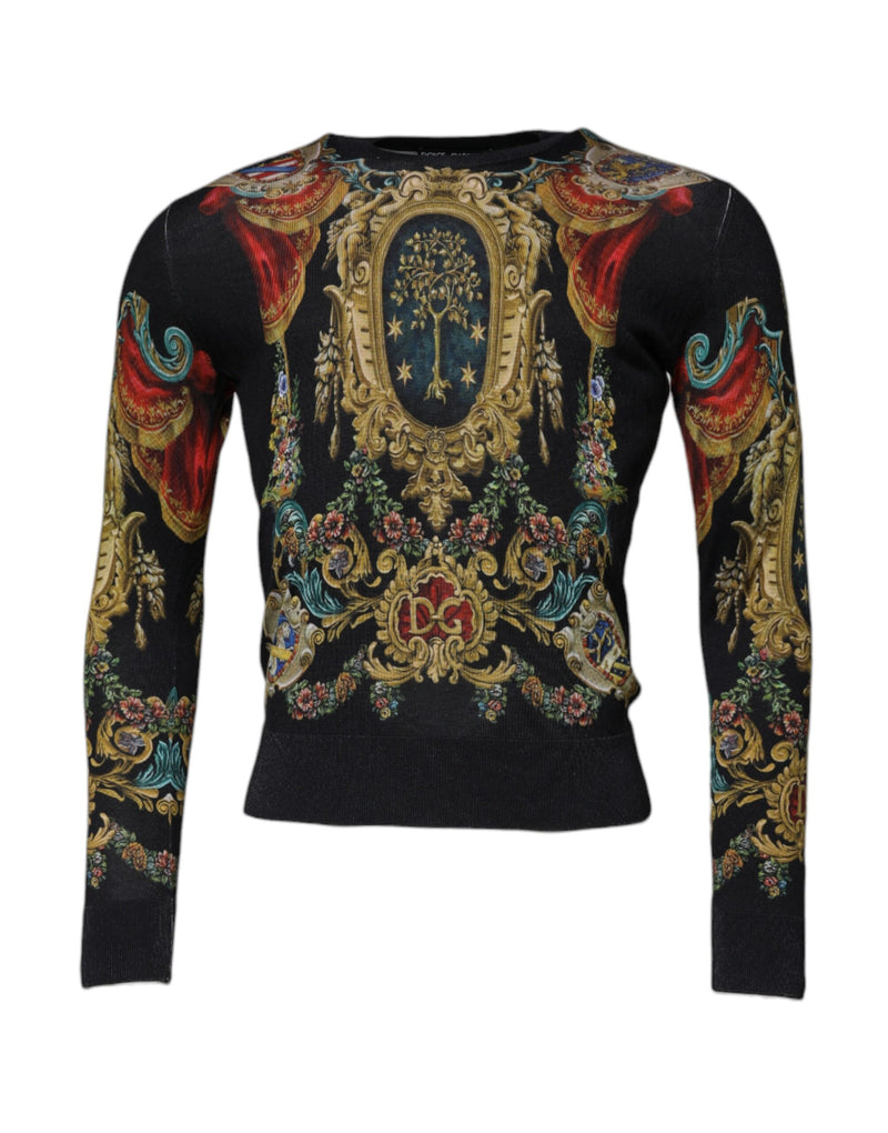 Black Heraldic DG Silk Round Neck Pullover Sweater-Dolce & Gabbana-LabelTerrace.com