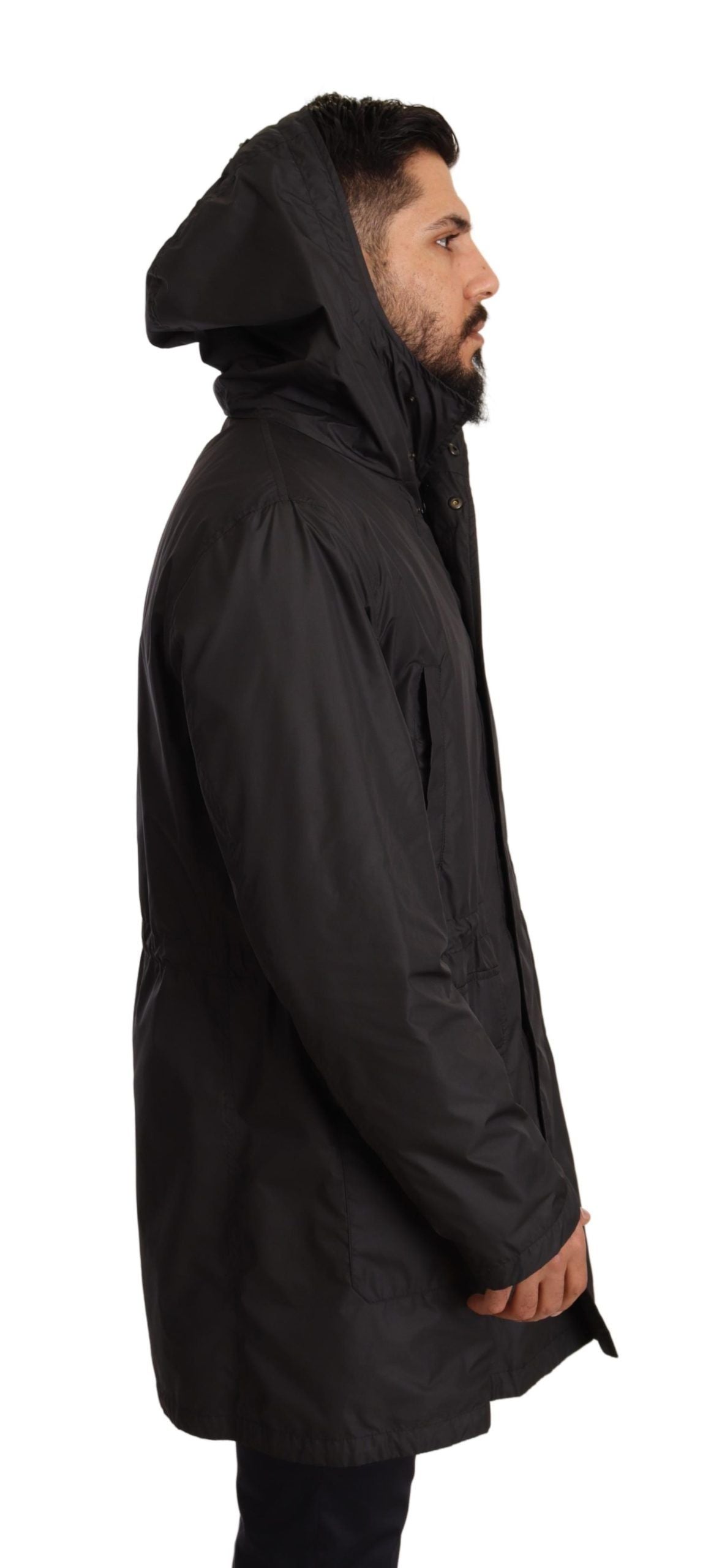 Black Hooded Mens Trench Coat Jacket-Dolce & Gabbana-LabelTerrace.com