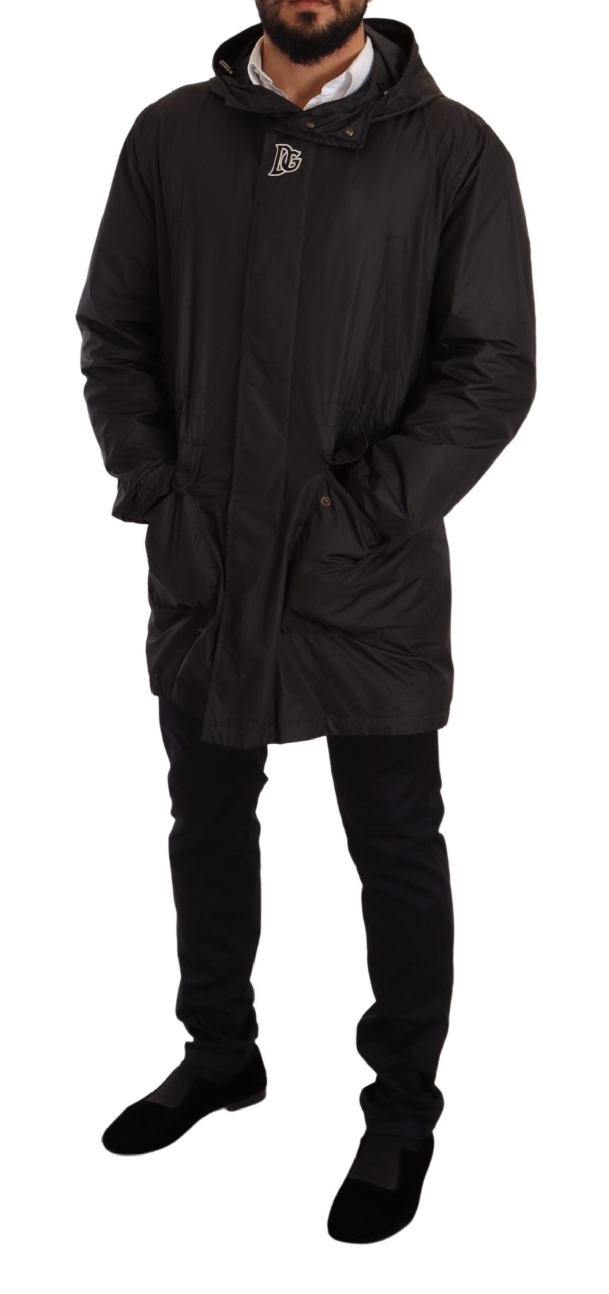 Black Hooded Mens Trench Coat Jacket-Dolce & Gabbana-LabelTerrace.com
