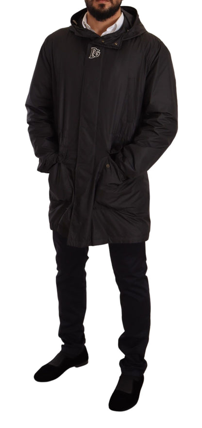 Black Hooded Mens Trench Coat Jacket-Dolce & Gabbana-LabelTerrace.com