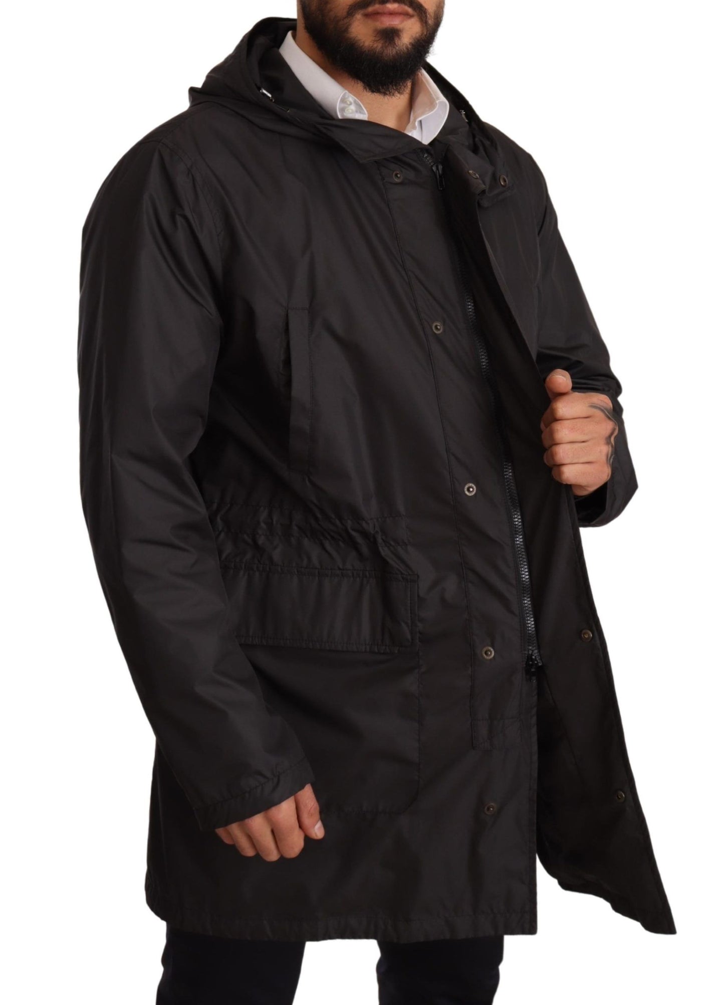 Black Hooded Mens Trench Coat Jacket-Dolce & Gabbana-LabelTerrace.com