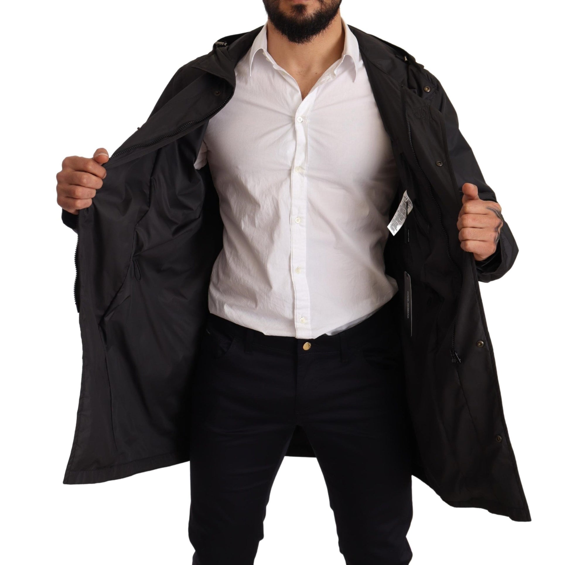Black Hooded Mens Trench Coat Jacket-Dolce & Gabbana-LabelTerrace.com
