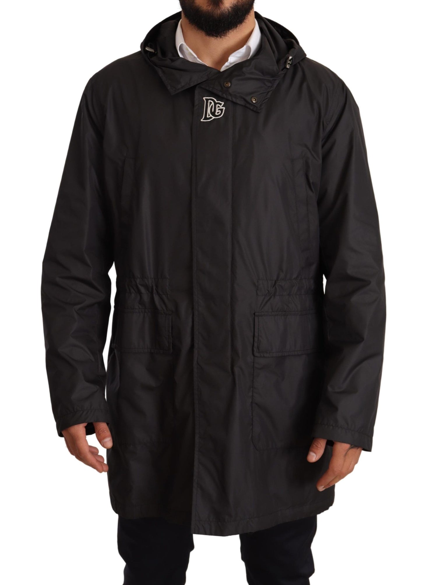 Black Hooded Mens Trench Coat Jacket-Dolce & Gabbana-LabelTerrace.com