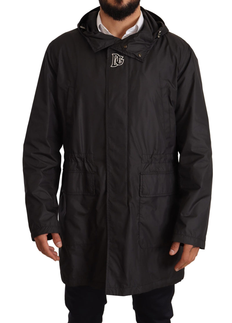 Black Hooded Mens Trench Coat Jacket-Dolce & Gabbana-LabelTerrace.com