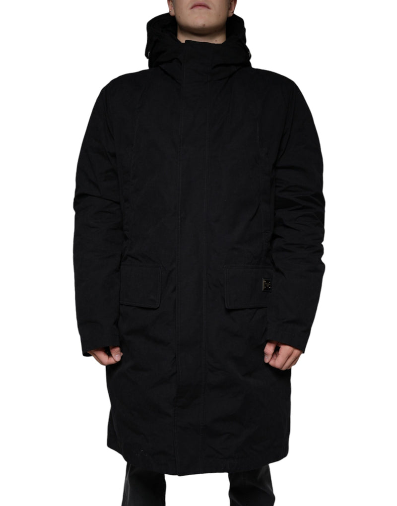 Black Hooded Parka Cotton Trench Coat Jacket-Dolce & Gabbana-LabelTerrace.com