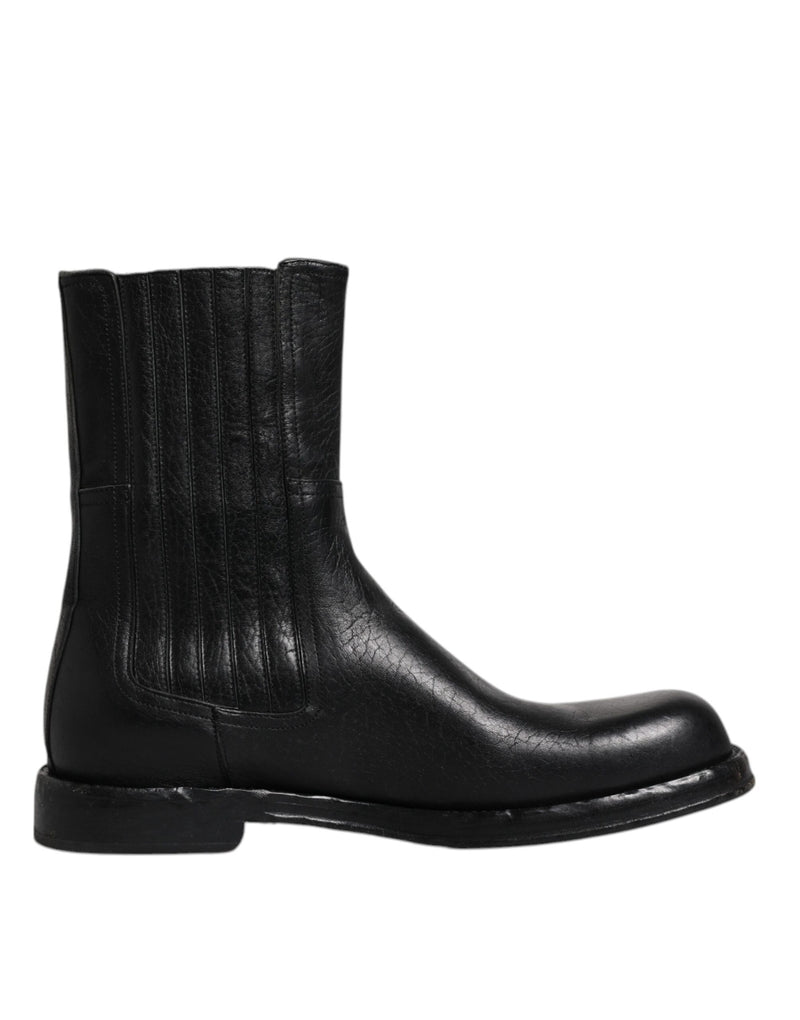 Black Horse Leather Mid Calf Boots Shoes-Dolce & Gabbana-LabelTerrace.com