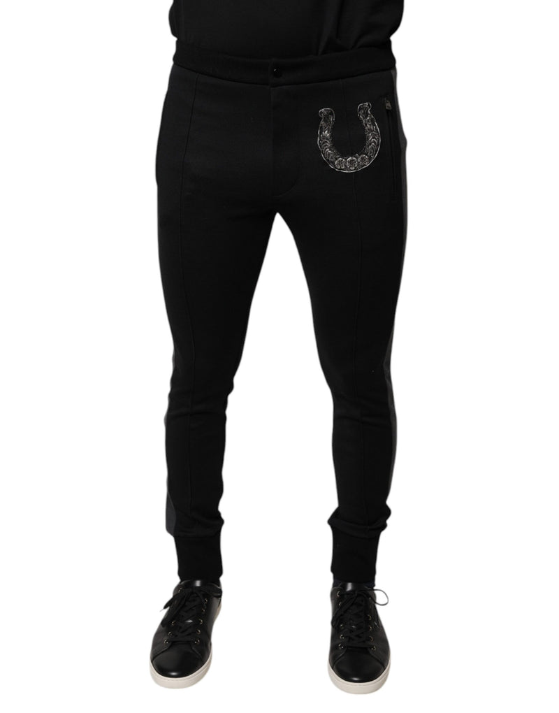 Black Horseshoe Embellished Wool Slim Fit Pants-Dolce & Gabbana-LabelTerrace.com