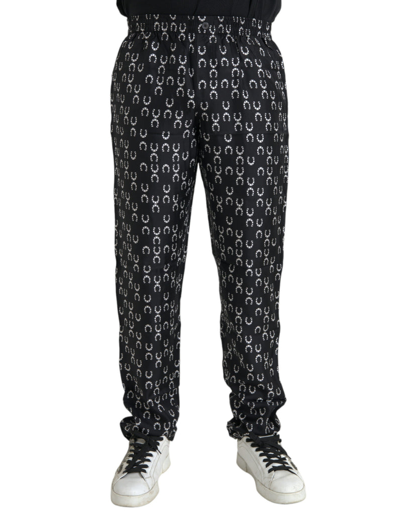 Black Horseshoe Print Silk Pants-Dolce & Gabbana-LabelTerrace.com