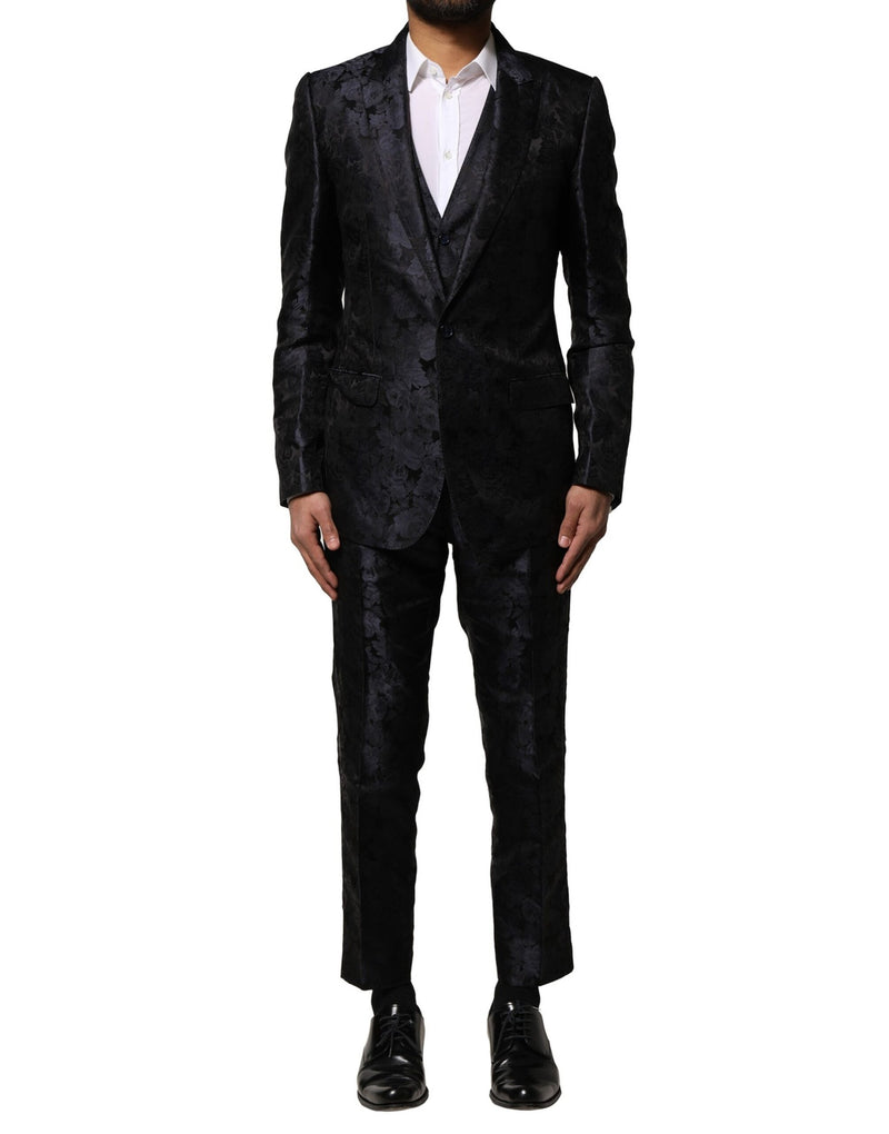 Black Jacquard 3 Piece Single Breasted Suit-Dolce & Gabbana-LabelTerrace.com