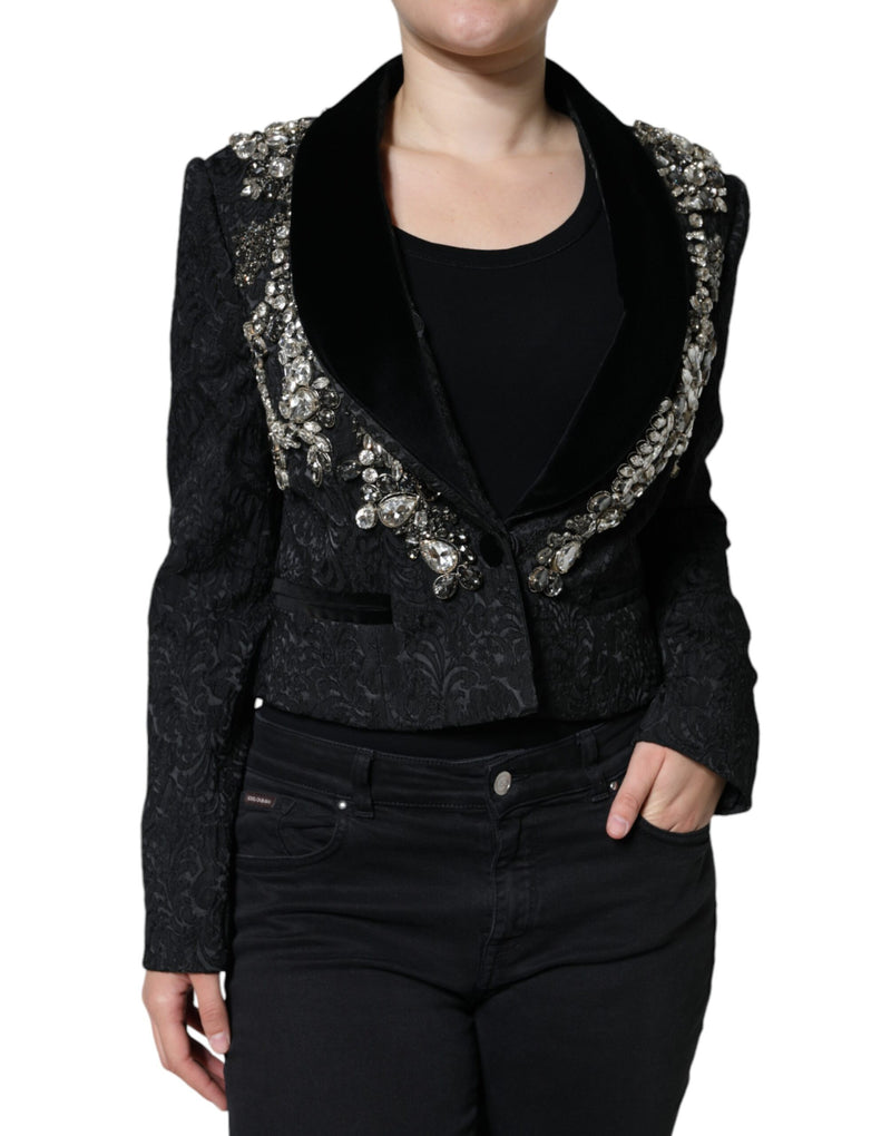 Black Jacquard Crystal Floral Jacket Blazer-Dolce & Gabbana-LabelTerrace.com