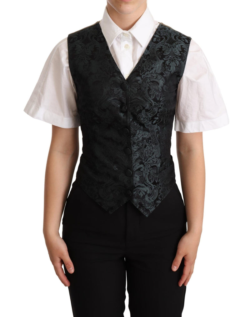 Black Jacquard Floral Waistcoat Vest Green-Dolce & Gabbana-LabelTerrace.com