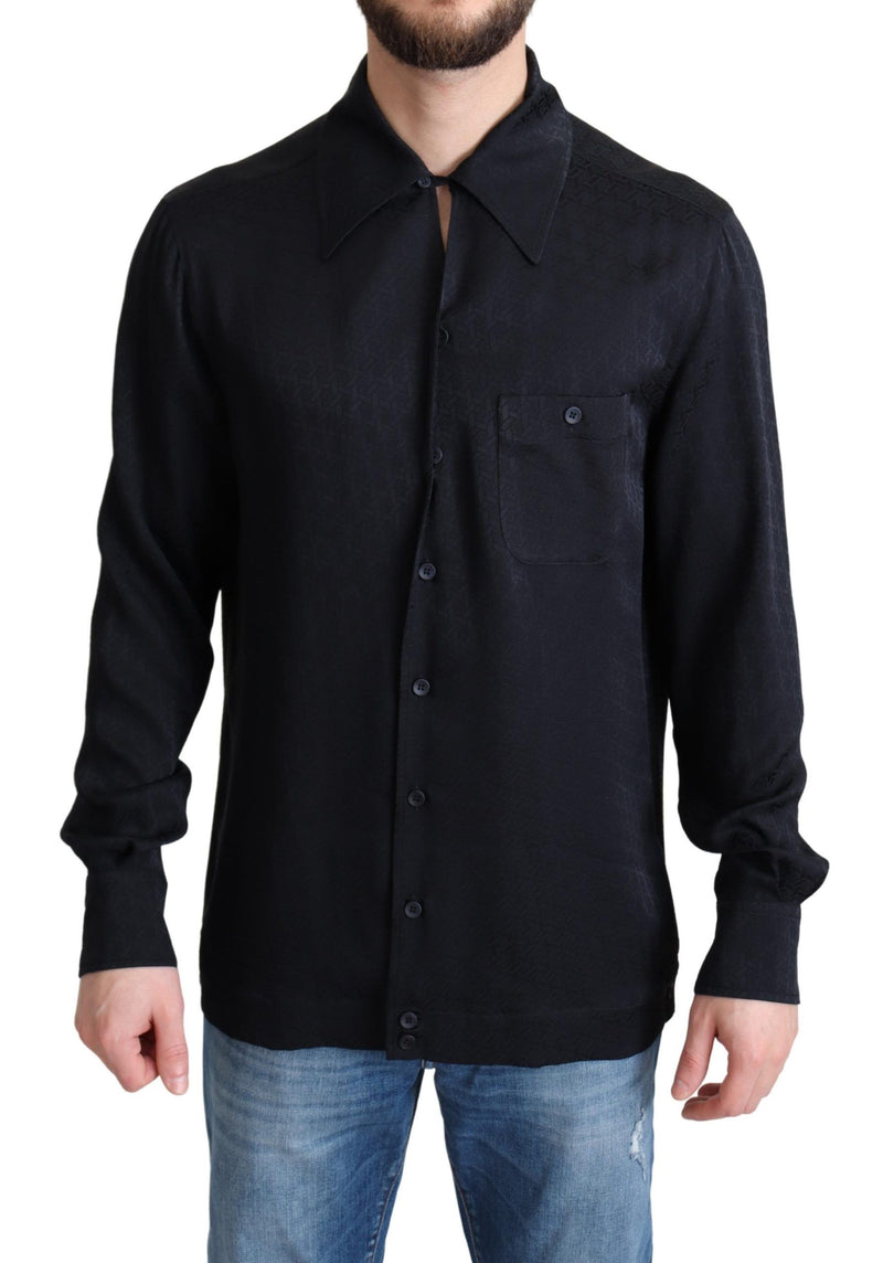 Black Jacquard Silk Casual Button Down Shirt-Dolce & Gabbana-LabelTerrace.com