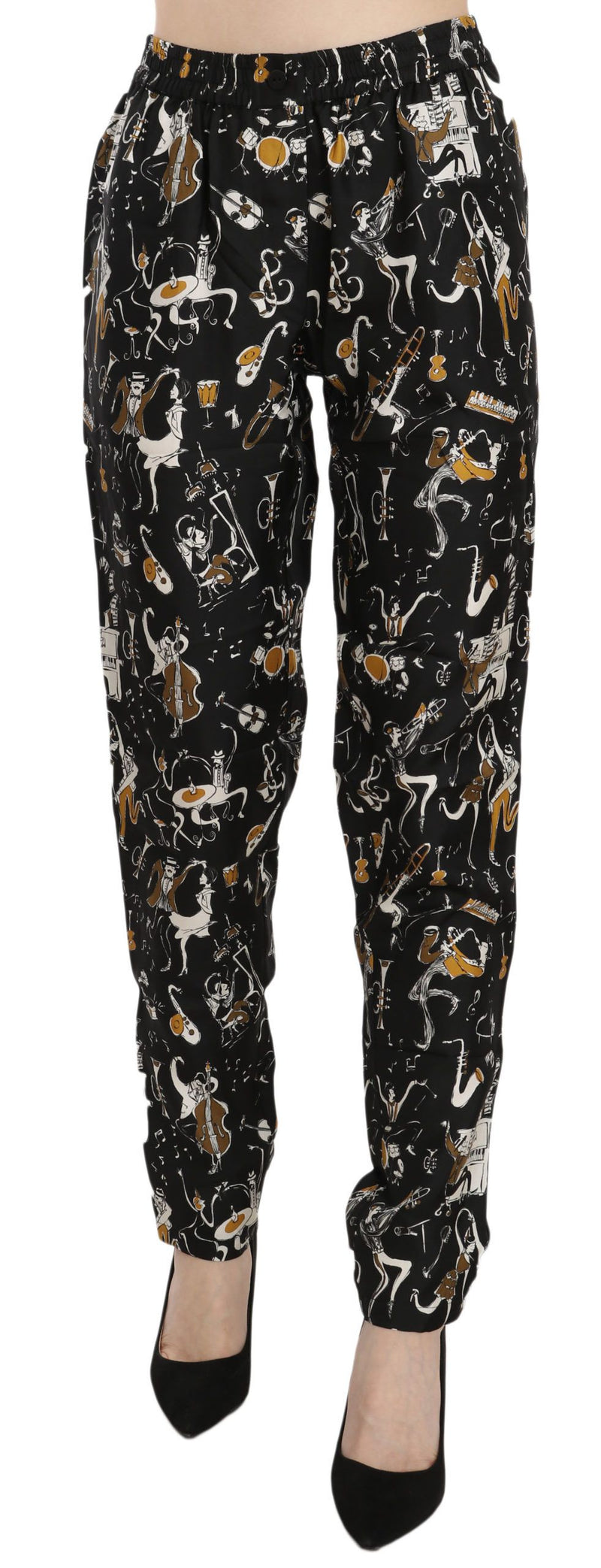 Black Jazz Club Print High Waist Tapered Pants-Dolce & Gabbana-LabelTerrace.com
