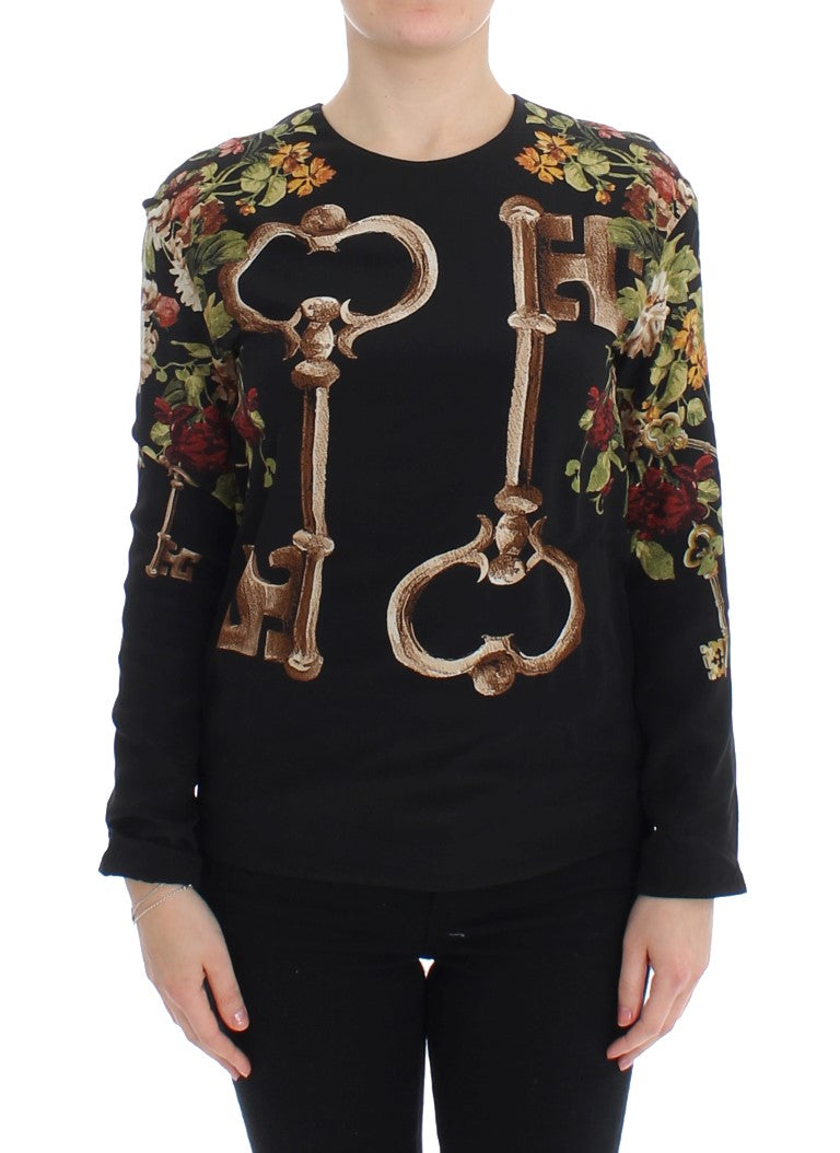 Black Key Floral Print Silk Blouse Top-Dolce & Gabbana-LabelTerrace.com