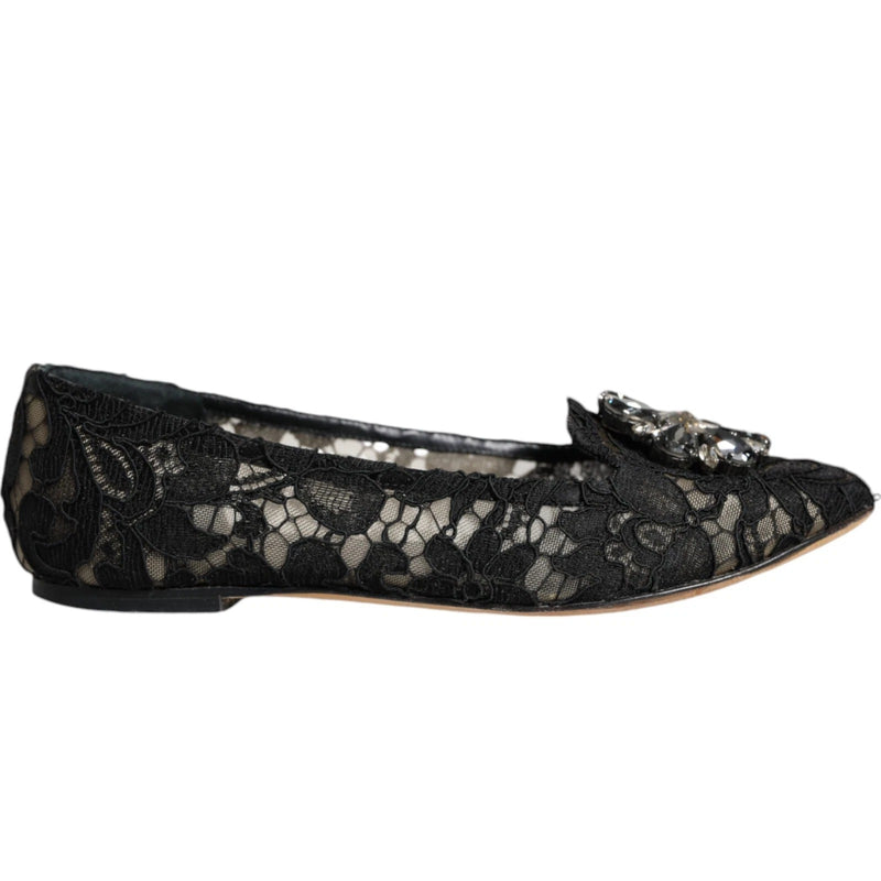 Black Lace Crystal Ballet Flats Loafer Shoes-Dolce & Gabbana-LabelTerrace.com