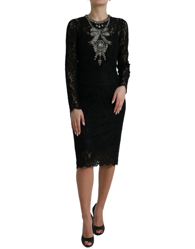 Black Lace Crystal Embellished Sheath Dress-Dolce & Gabbana-LabelTerrace.com
