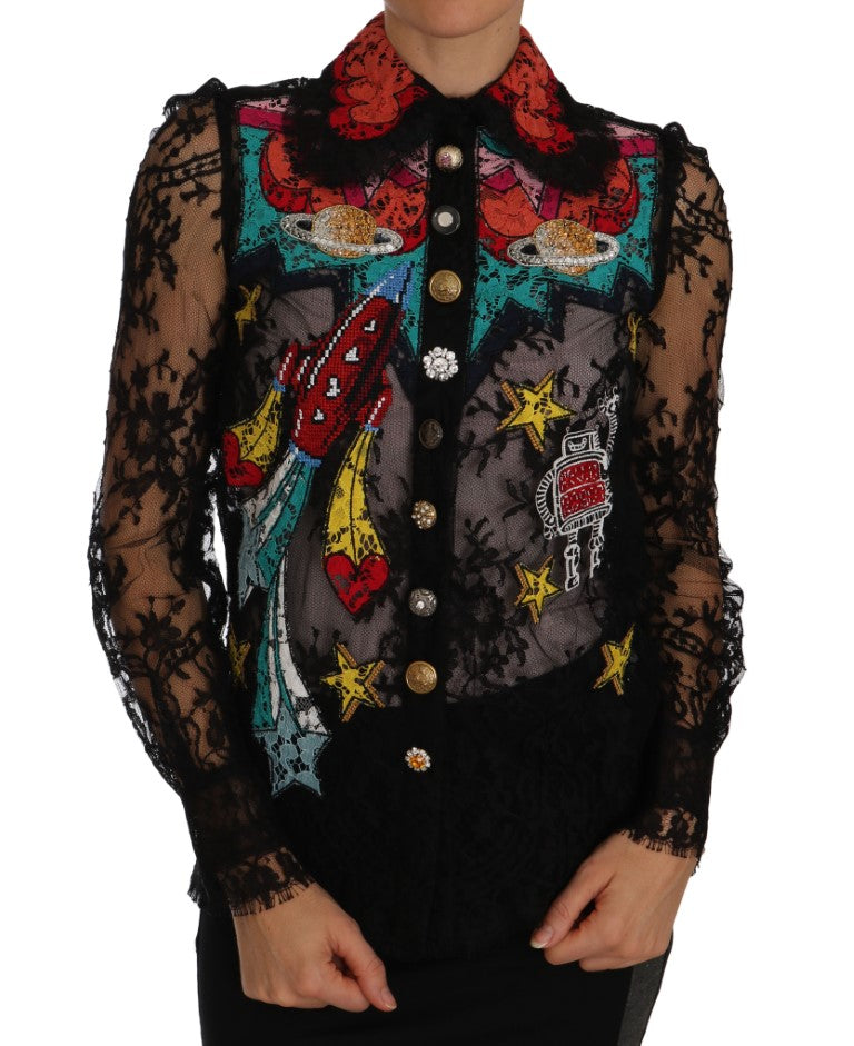 Black Lace Crystal SPACE Shirt-Dolce & Gabbana-LabelTerrace.com