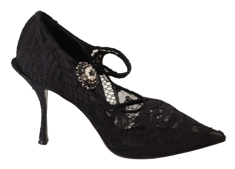 Black Lace Crystals Heels Mary Jane Pumps Shoes-Dolce & Gabbana-LabelTerrace.com