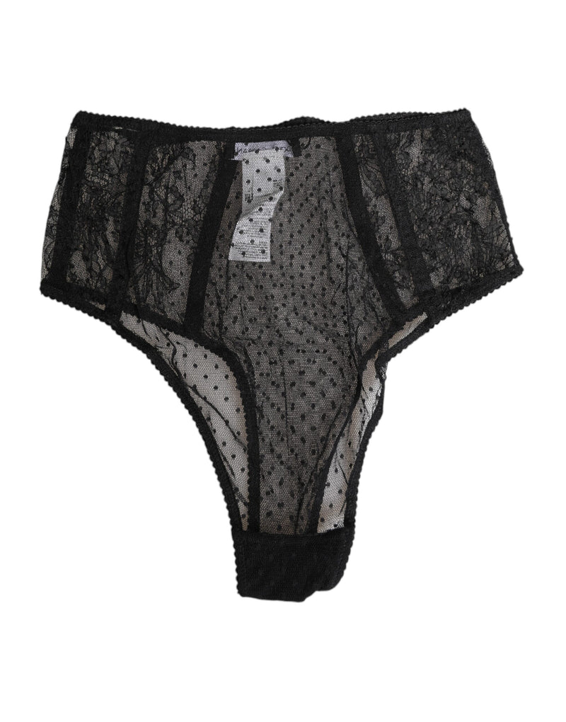 Black Lace Polka Dot Mesh High Waist Underwear-Dolce & Gabbana-LabelTerrace.com