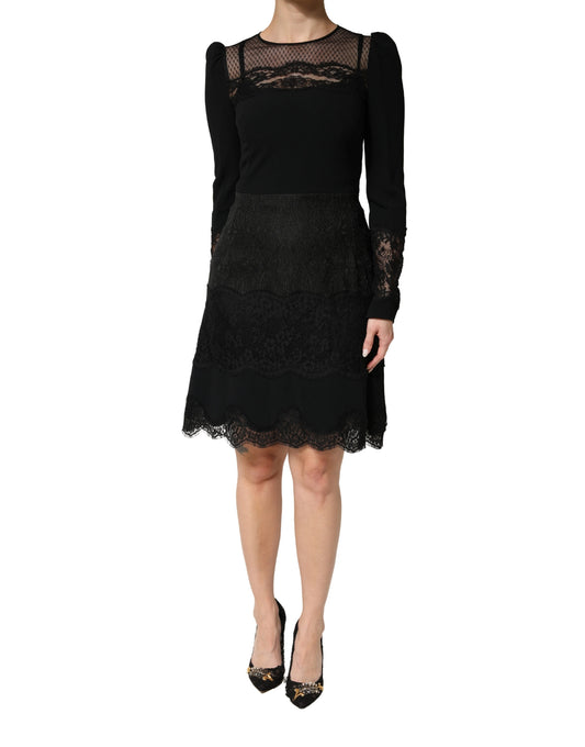 Black Lace Sheer Panel Midi Long Sleeve Dress