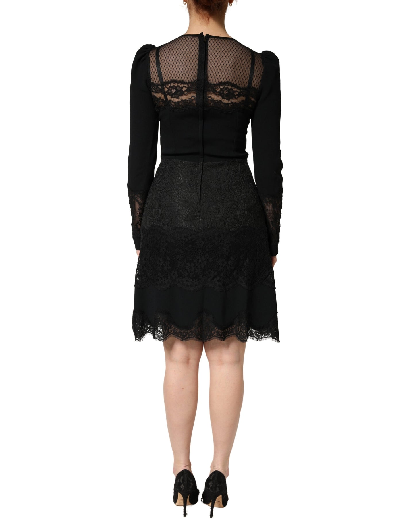 Black Lace Sheer Panel Midi Long Sleeve Dress