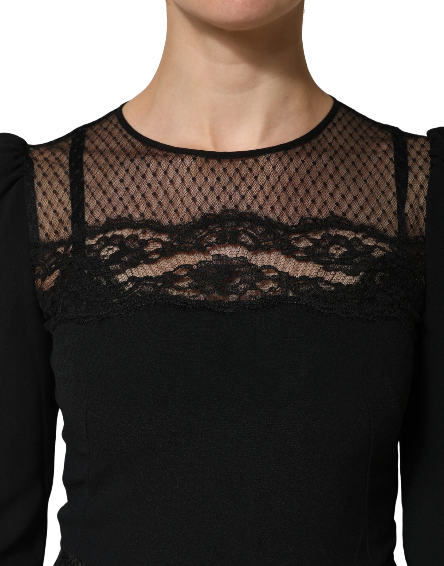 Black Lace Sheer Panel Midi Long Sleeve Dress