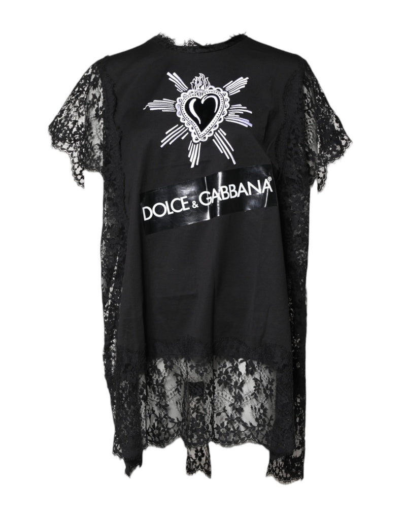 Black Lace Sheer Sacred Heart Crew Neck Top-Dolce & Gabbana-LabelTerrace.com