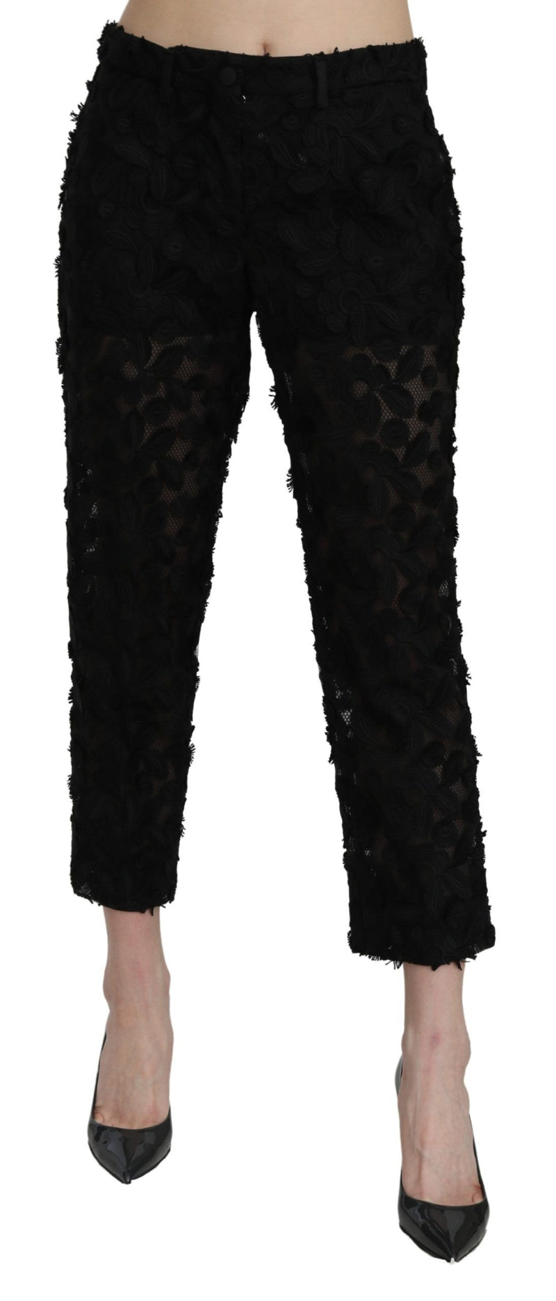 Black Lace Straight Cropped High Waist Pants-Dolce & Gabbana-LabelTerrace.com