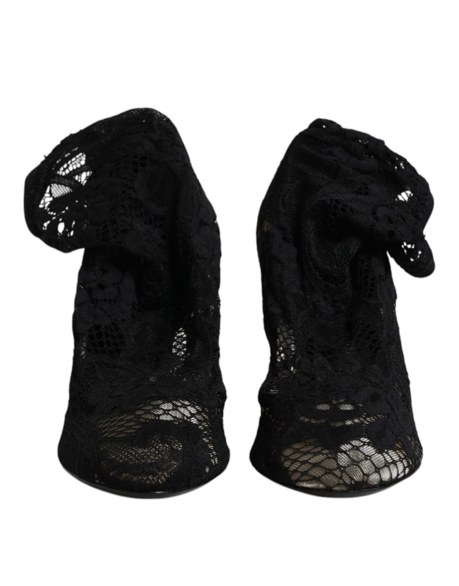 Black Lace Stretch Heels Mid Calf Boots Shoes-Dolce & Gabbana-LabelTerrace.com