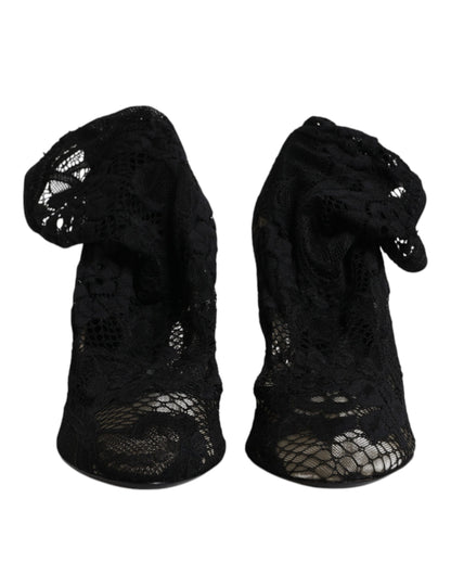 Black Lace Stretch Heels Mid Calf Boots Shoes-Dolce & Gabbana-LabelTerrace.com