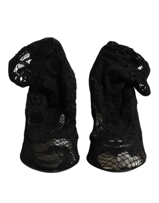 Black Lace Stretch Heels Mid Calf Boots Shoes-Dolce & Gabbana-LabelTerrace.com