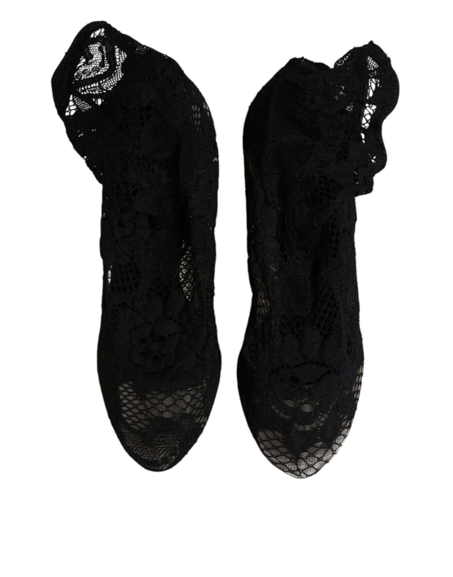 Black Lace Stretch Heels Mid Calf Boots Shoes-Dolce & Gabbana-LabelTerrace.com