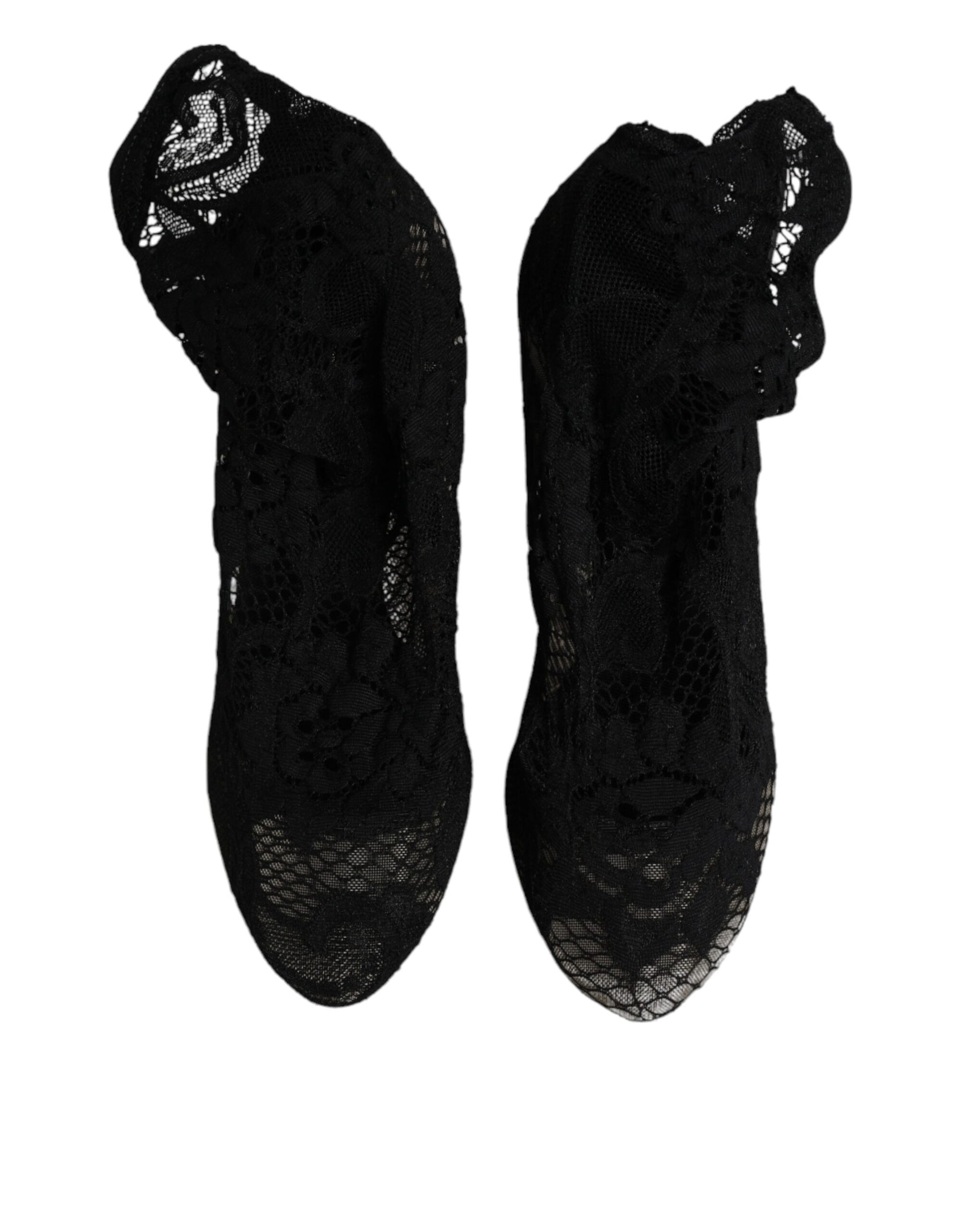 Black Lace Stretch Heels Mid Calf Boots Shoes-Dolce & Gabbana-LabelTerrace.com