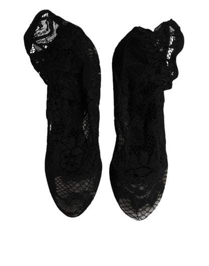 Black Lace Stretch Heels Mid Calf Boots Shoes-Dolce & Gabbana-LabelTerrace.com