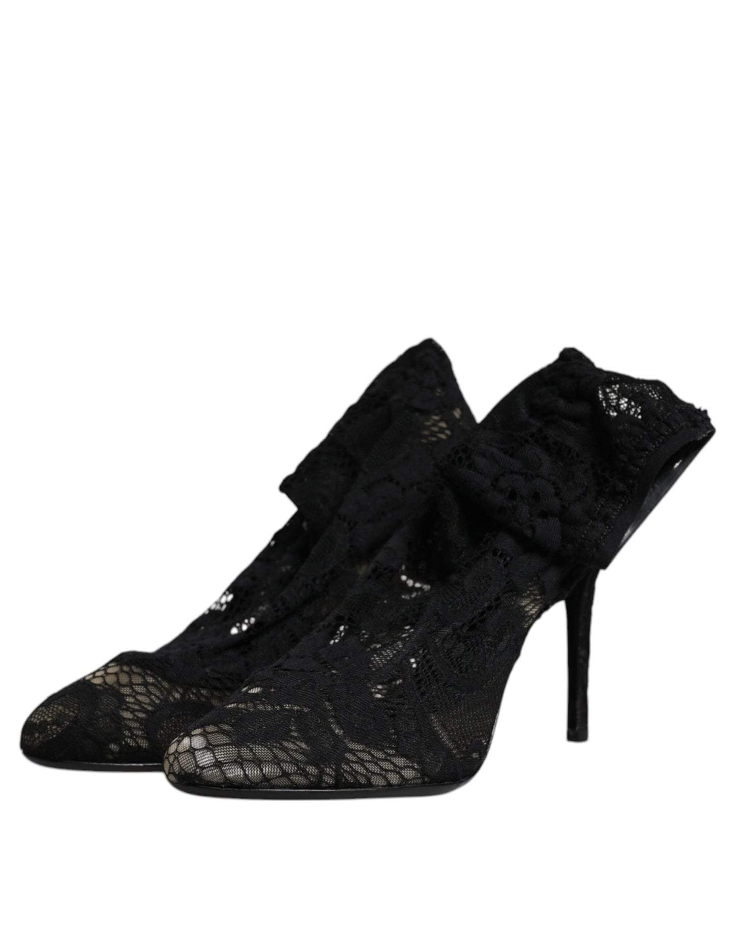 Black Lace Stretch Heels Mid Calf Boots Shoes-Dolce & Gabbana-LabelTerrace.com