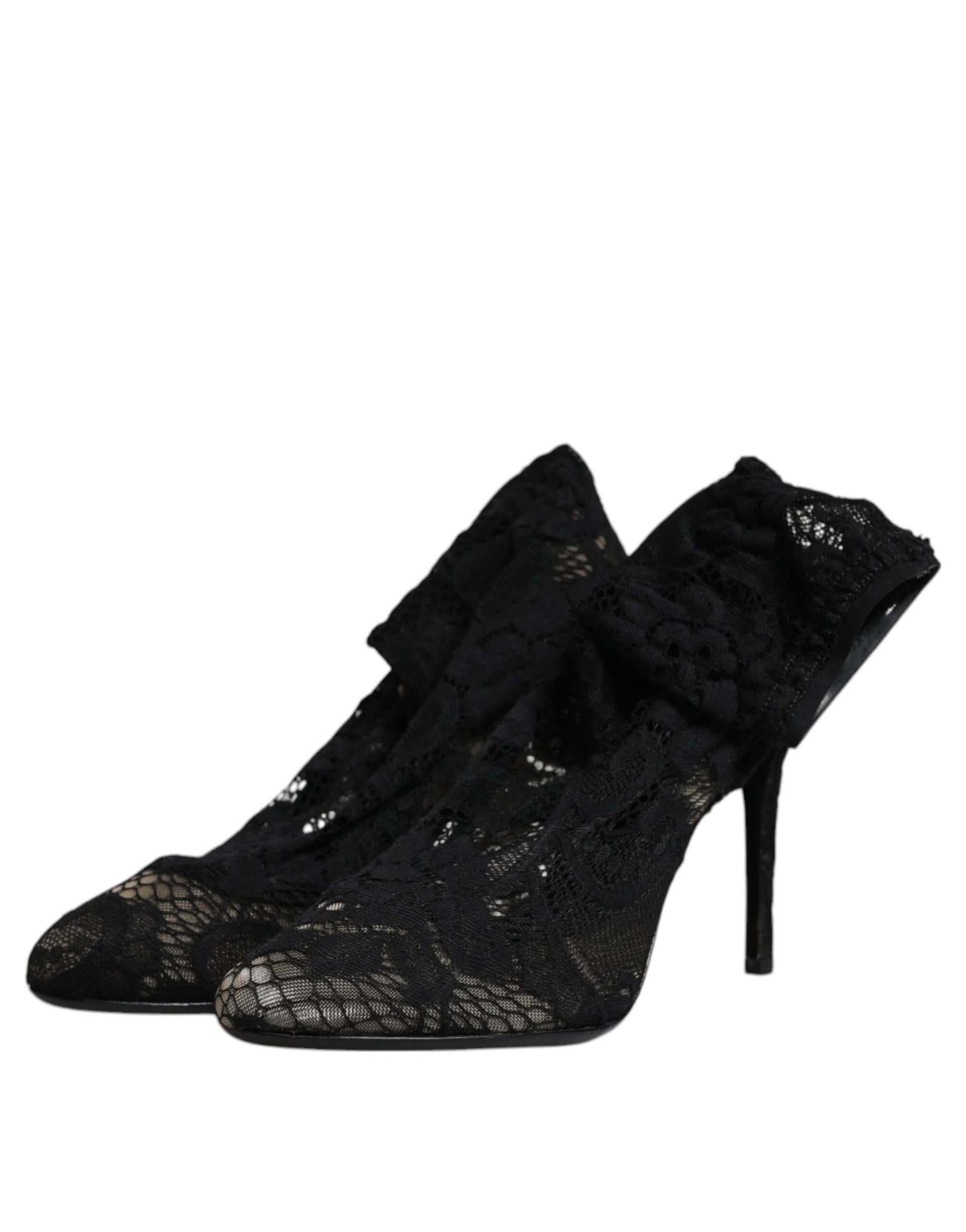 Black Lace Stretch Heels Mid Calf Boots Shoes-Dolce & Gabbana-LabelTerrace.com