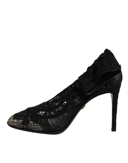 Black Lace Stretch Heels Mid Calf Boots Shoes-Dolce & Gabbana-LabelTerrace.com