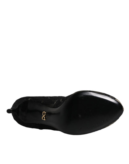 Black Lace Stretch Heels Mid Calf Boots Shoes-Dolce & Gabbana-LabelTerrace.com