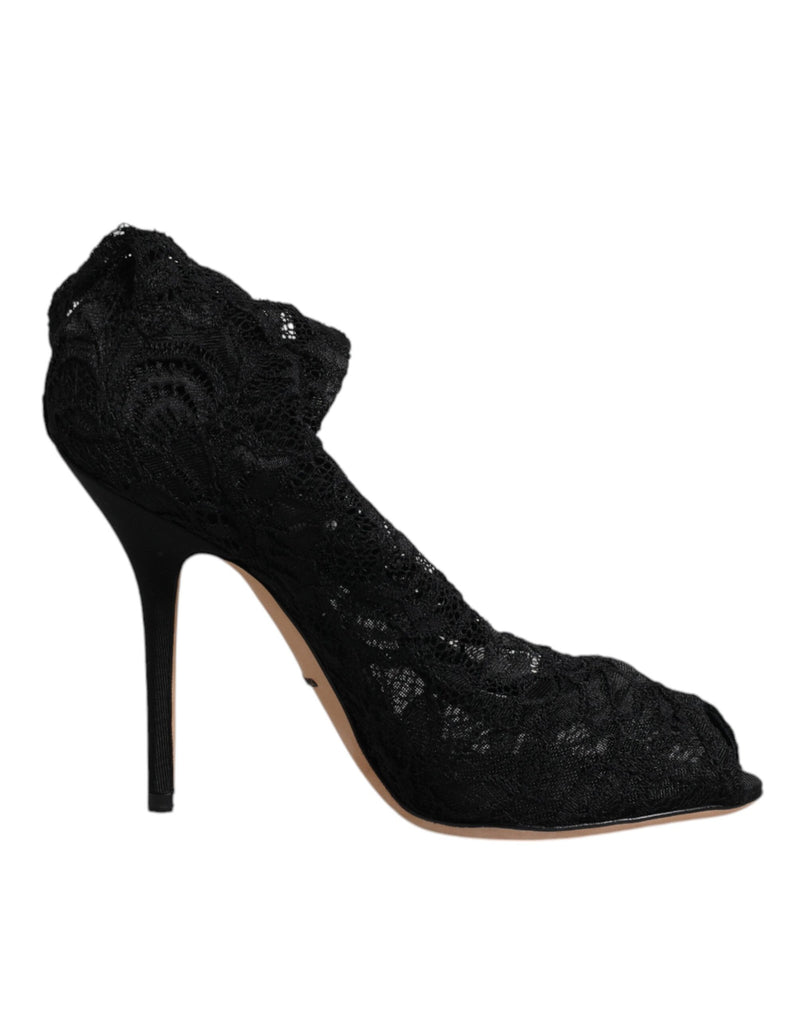 Black Lace Stretch Heels Mid Calf Boots Shoes-Dolce & Gabbana-LabelTerrace.com