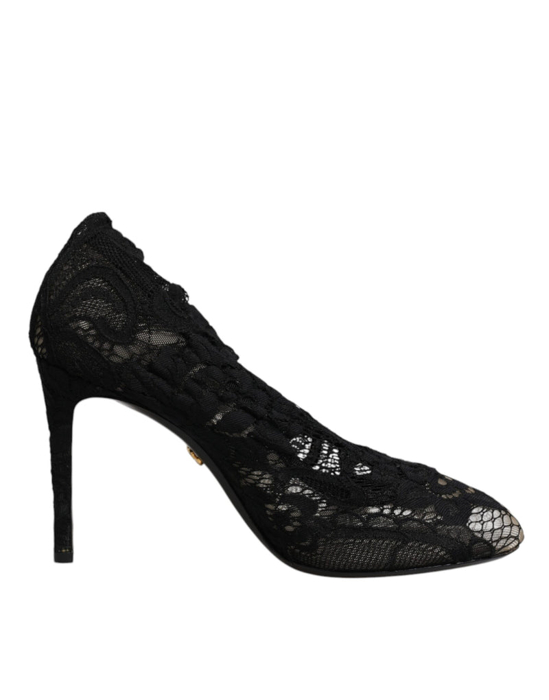 Black Lace Stretch Heels Mid Calf Boots Shoes-Dolce & Gabbana-LabelTerrace.com