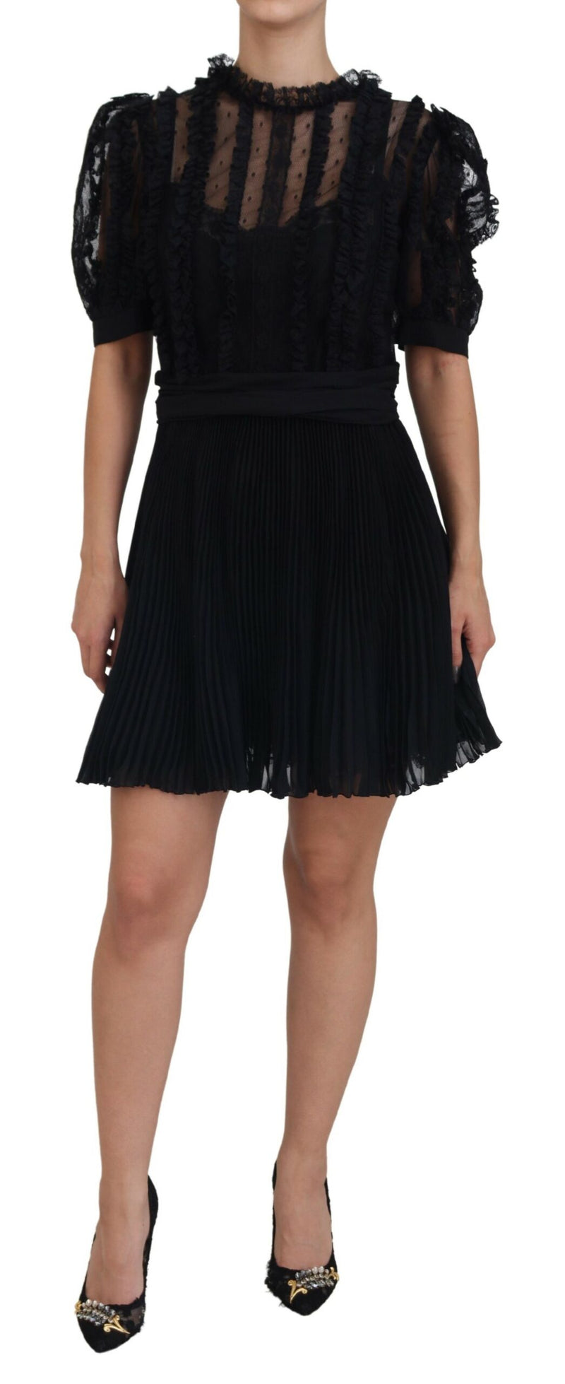 Black Lace Trim A-line Mini Nylon Dress-Dolce & Gabbana-LabelTerrace.com