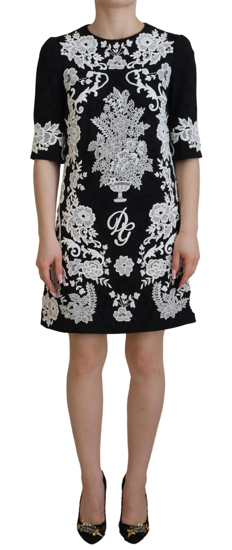 Black Lace Trim Half Sleeves A-line Dress-Dolce & Gabbana-LabelTerrace.com