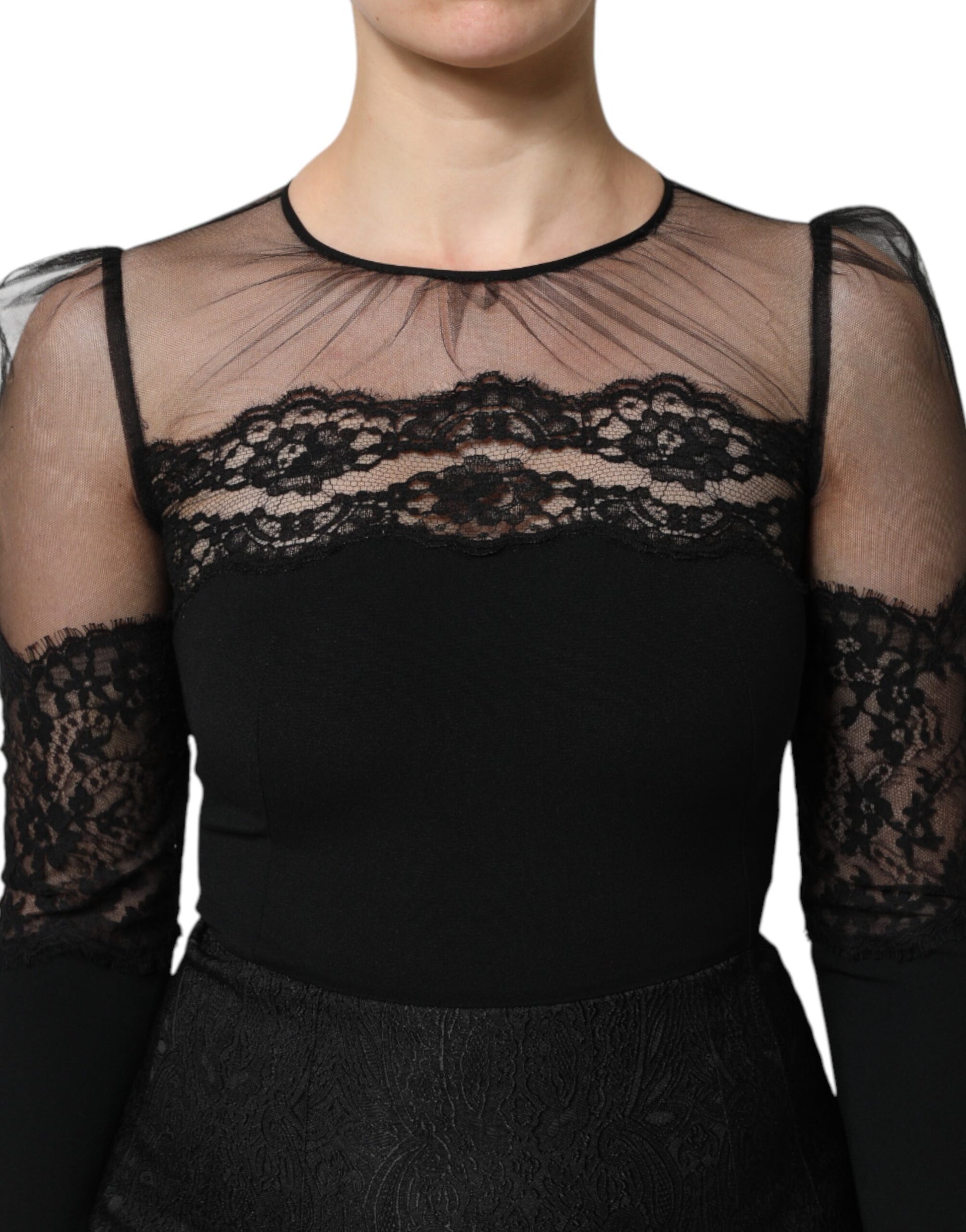 Black Lace Trim Nylon Tulle SheathMidi Dress