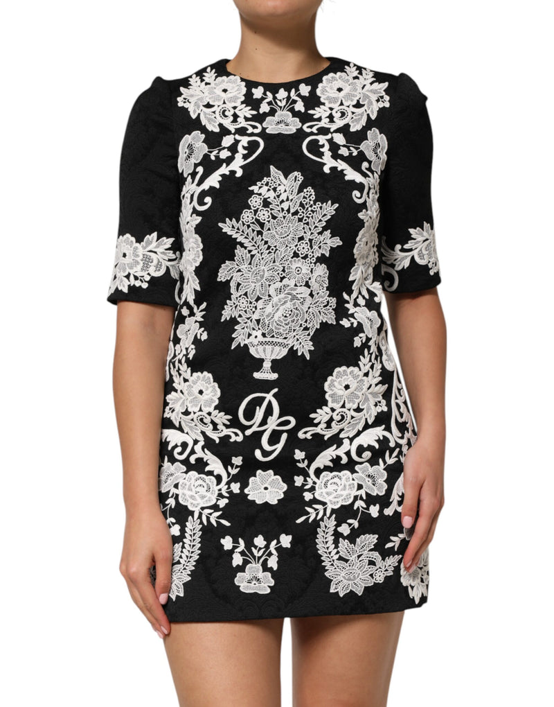 Black Lace Trim Short Sleeves A-line Dress-Dolce & Gabbana-LabelTerrace.com