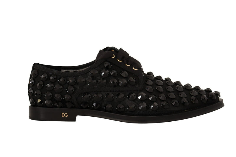 Black Lace Up Studded Formal Flats Shoes-Dolce & Gabbana-LabelTerrace.com