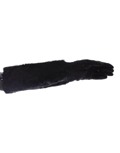 Black Lace Wool Lambskin Fur Elbow Gloves-Dolce & Gabbana-LabelTerrace.com