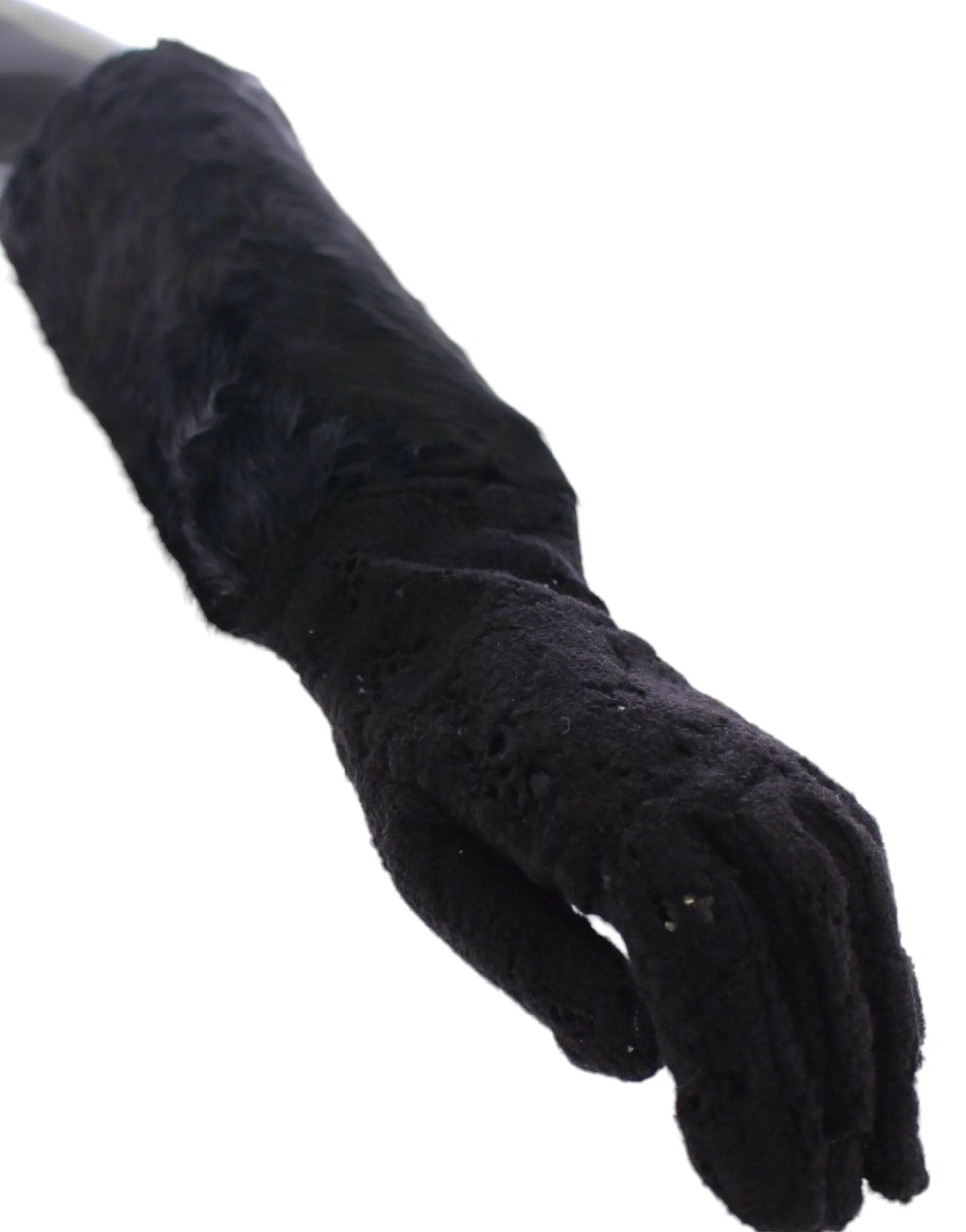 Black Lace Wool Lambskin Fur Elbow Gloves-Dolce & Gabbana-LabelTerrace.com
