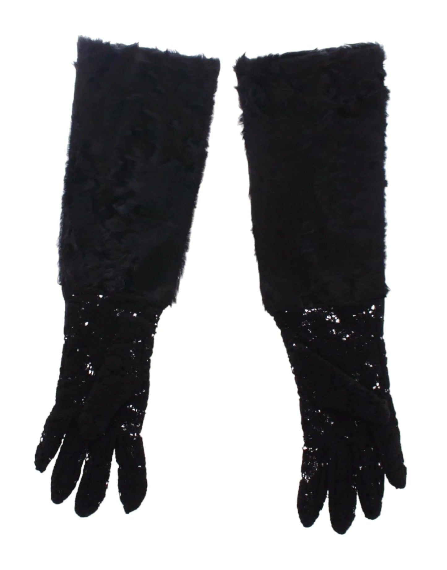 Black Lace Wool Lambskin Fur Elbow Gloves-Dolce & Gabbana-LabelTerrace.com
